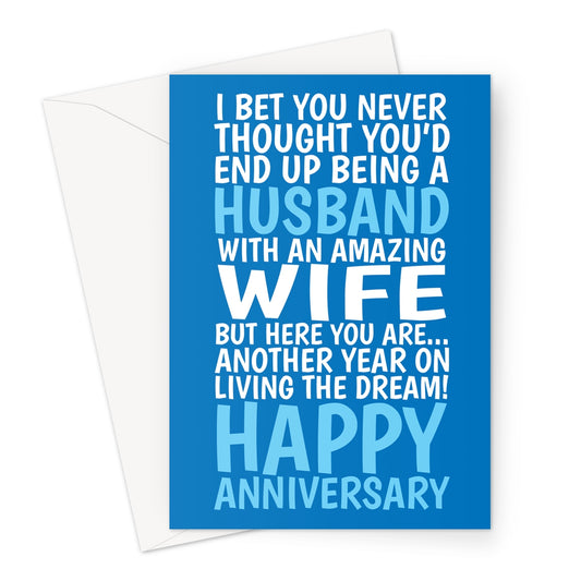 funny anniversary card for husband with blue typography and living the dream wife joke