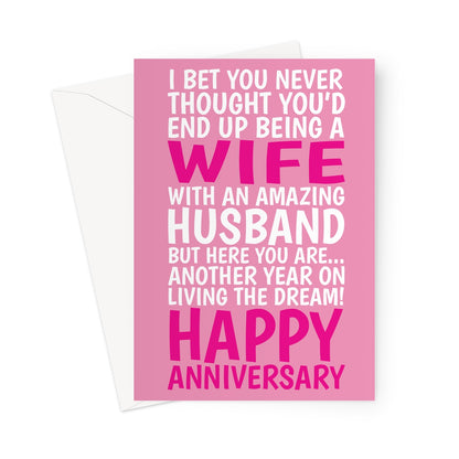 funny anniversary card for wife with pink typography and living the dream husband joke