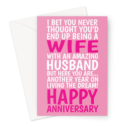 funny anniversary card for wife with pink typography and living the dream husband joke
