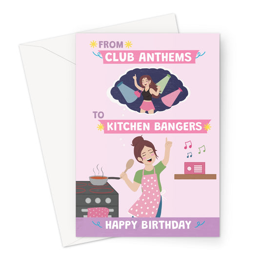 funny birthday card for her with woman dancing in kitchen and club anthems to kitchen bangers joke