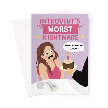 funny introvert birthday card with waiter bringing cake and singing happy birthday in restaurant