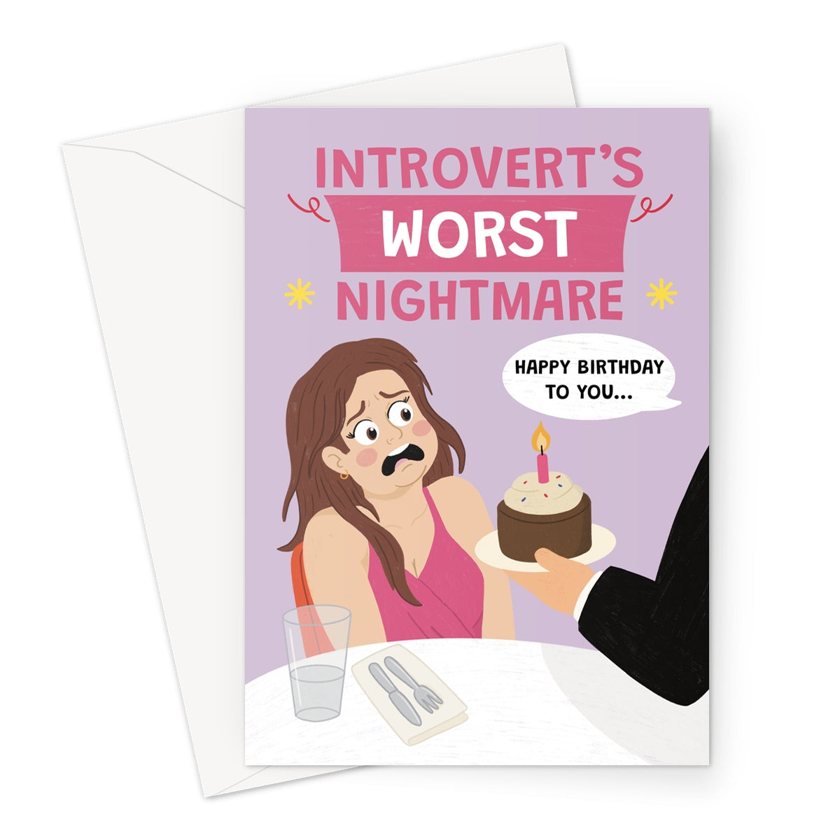 funny introvert birthday card with waiter bringing cake and singing happy birthday in restaurant