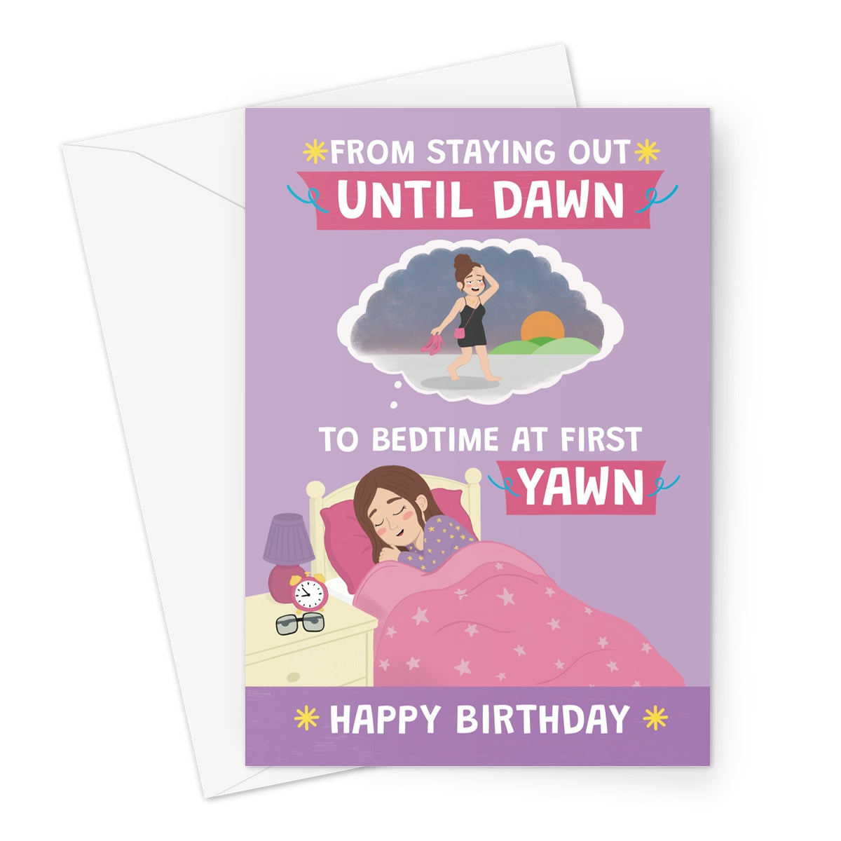 funny birthday card for her with woman in bed and staying out until dawn to first yawn joke