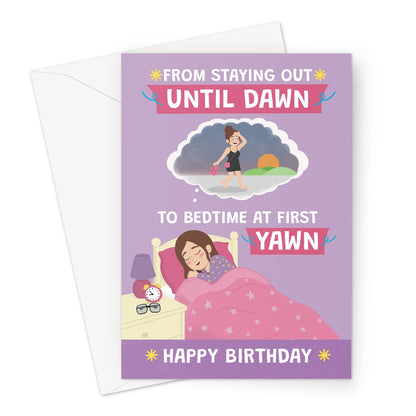 funny birthday card for her with woman in bed and staying out until dawn to first yawn joke