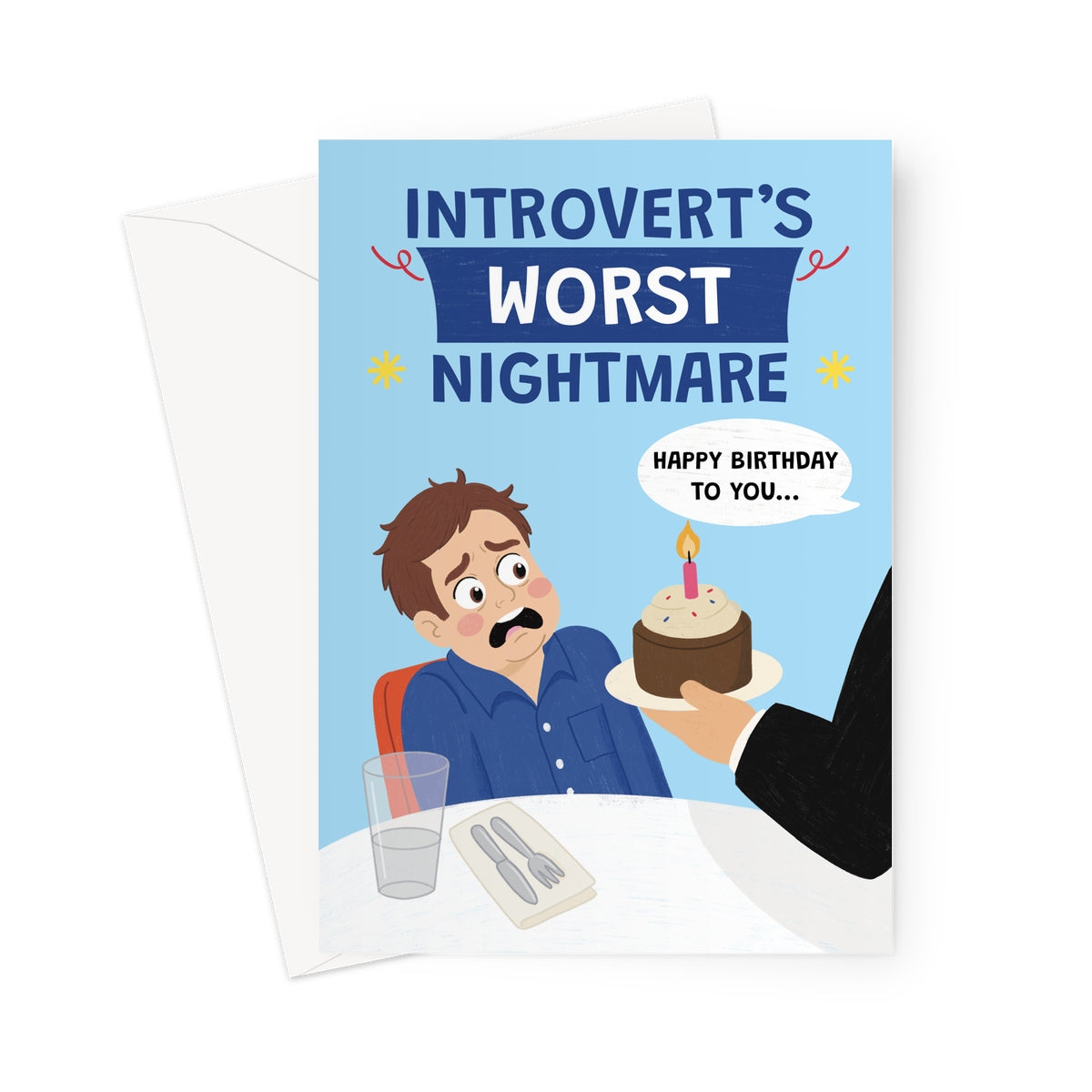 funny birthday card for him with waiter bringing cake and singing happy birthday in restaurant