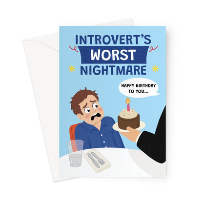 funny birthday card for him with waiter bringing cake and singing happy birthday in restaurant