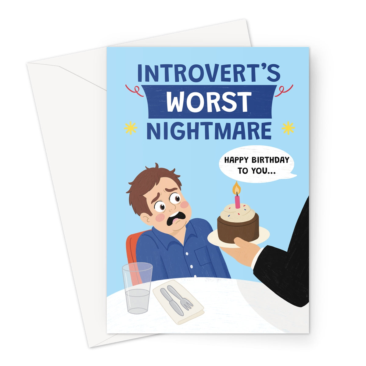 funny birthday card for him with waiter bringing cake and singing happy birthday in restaurant
