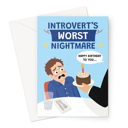 funny birthday card for him with waiter bringing cake and singing happy birthday in restaurant