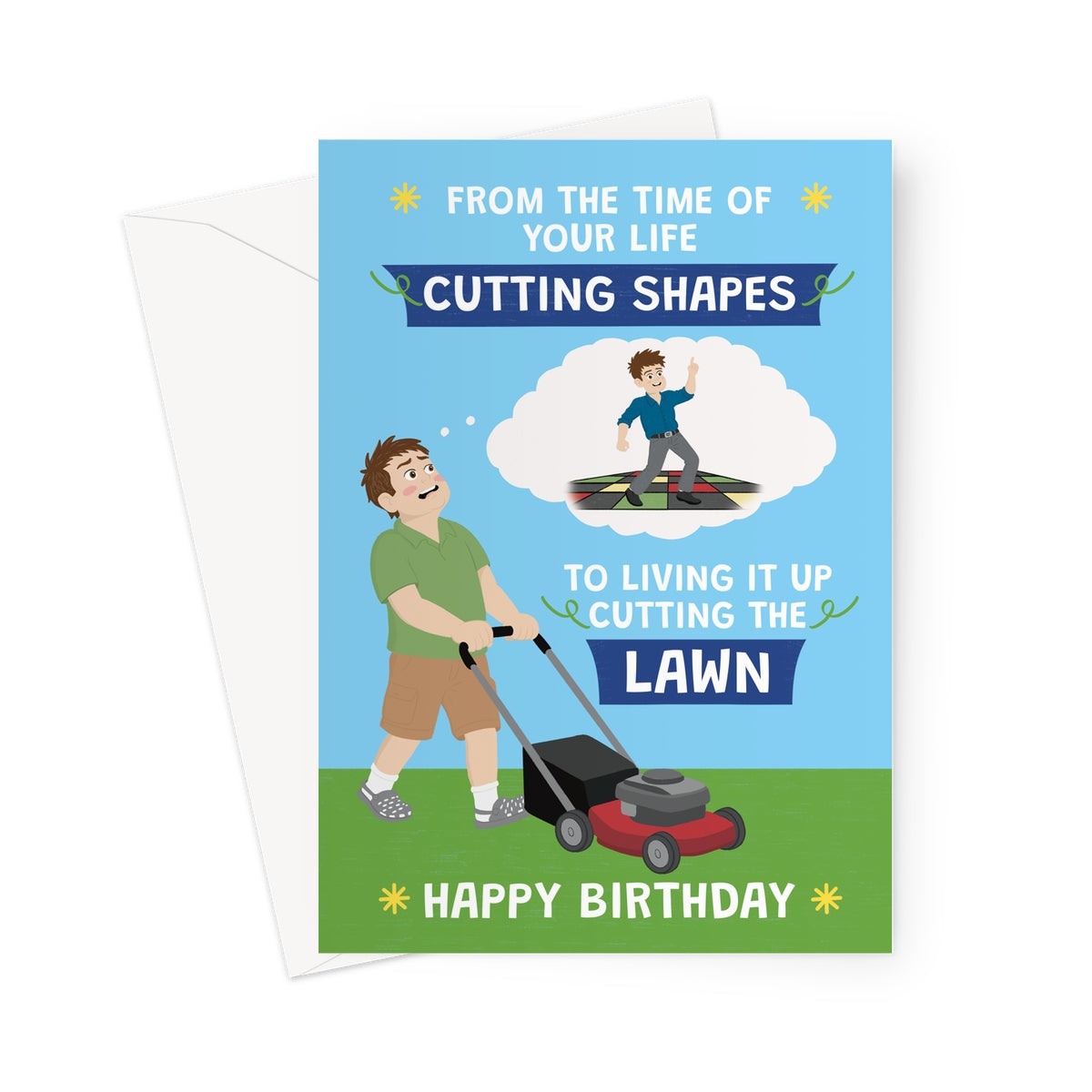 funny birthday card for him with man mowing lawn and cutting shapes birthday joke
