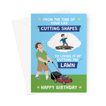 funny birthday card for him with man mowing lawn and cutting shapes birthday joke