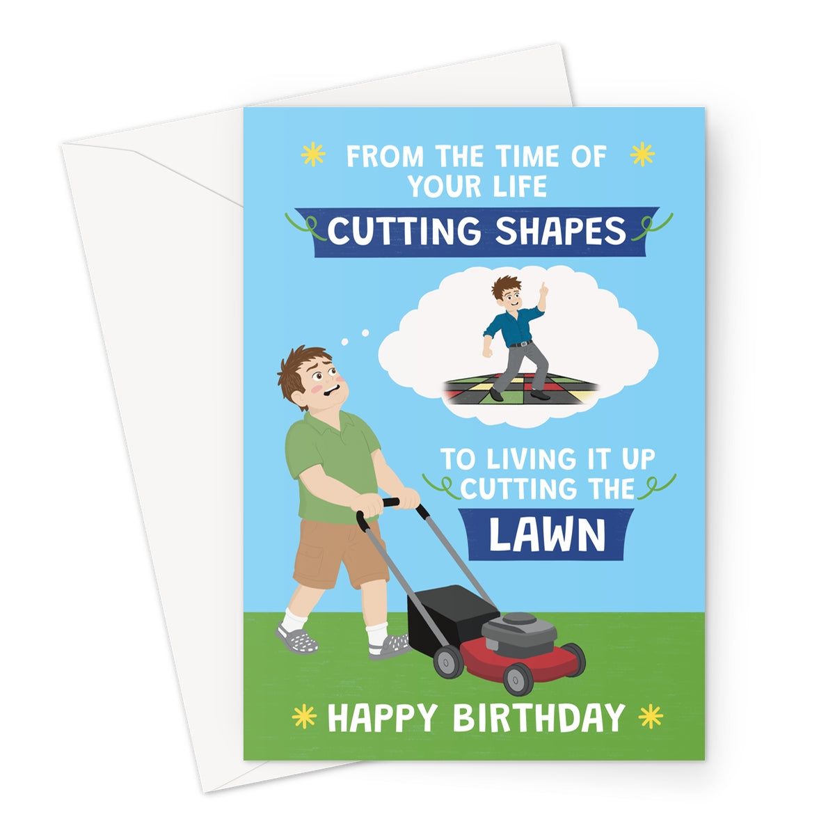 funny birthday card for him with man mowing lawn and cutting shapes birthday joke