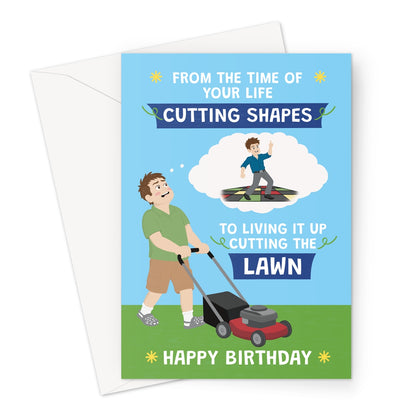 funny birthday card for him with man mowing lawn and cutting shapes birthday joke