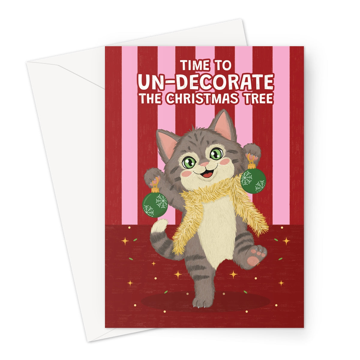 funny cat Christmas card with cat wearing tinsel holding baubles and un-decorate the Christmas tree message