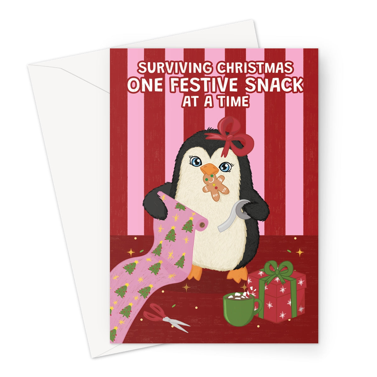 funny Christmas card with cute penguin wrapping presents and eating festive snacks