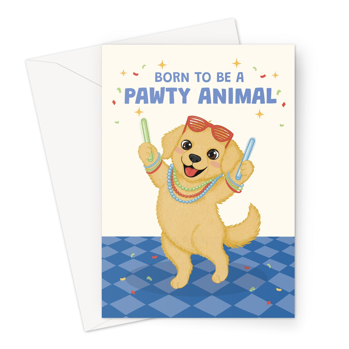 funny dog birthday card wearing sunglasses with glow sticks and born to be a pawty animal message