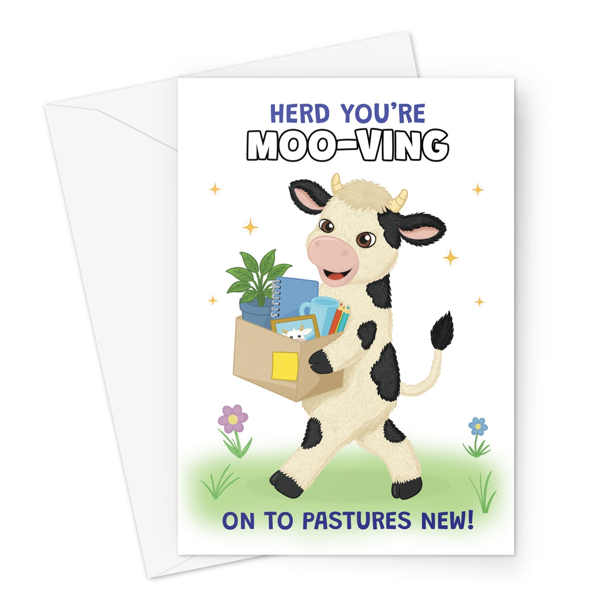 funny new home card with cow carrying moving box and herd you’re moo-ving message