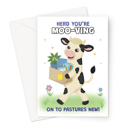 funny new home card with cow carrying moving box and herd you’re moo-ving message
