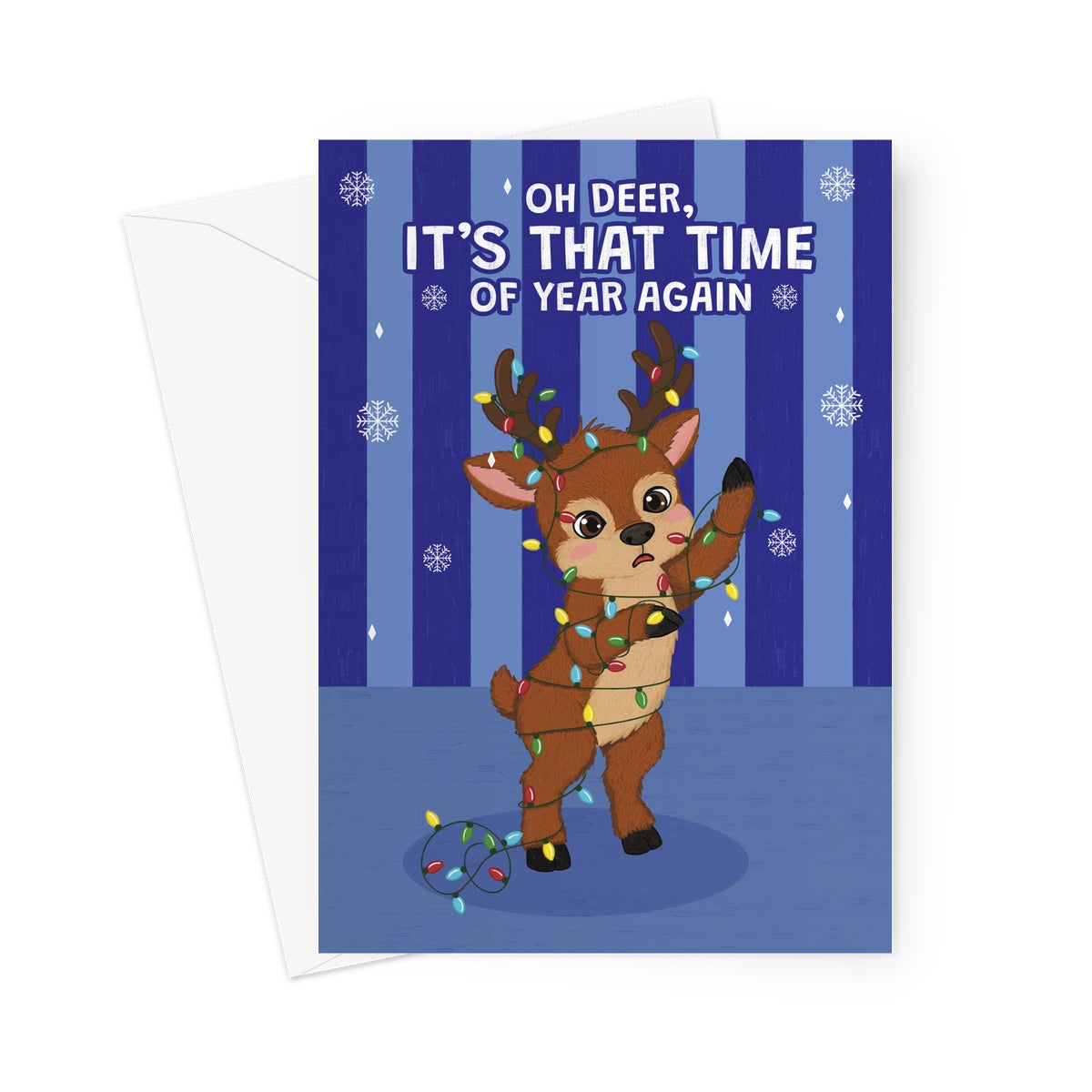 funny reindeer Christmas card tangled in colourful lights with oh deer it’s that time of year again message