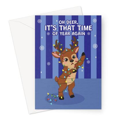 funny reindeer Christmas card tangled in colourful lights with oh deer it’s that time of year again message