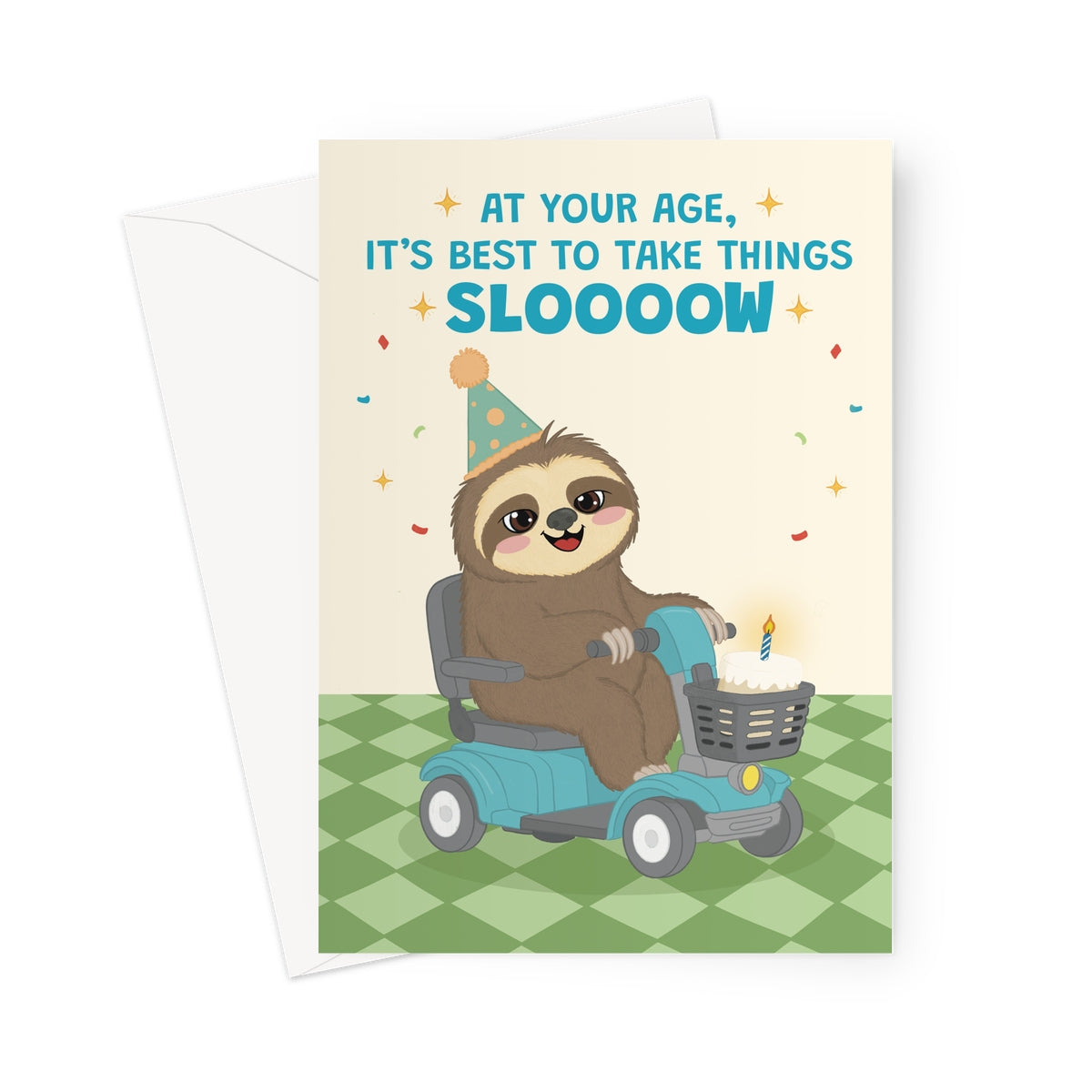 funny sloth birthday card riding mobility scooter with birthday cake and take things slow age joke