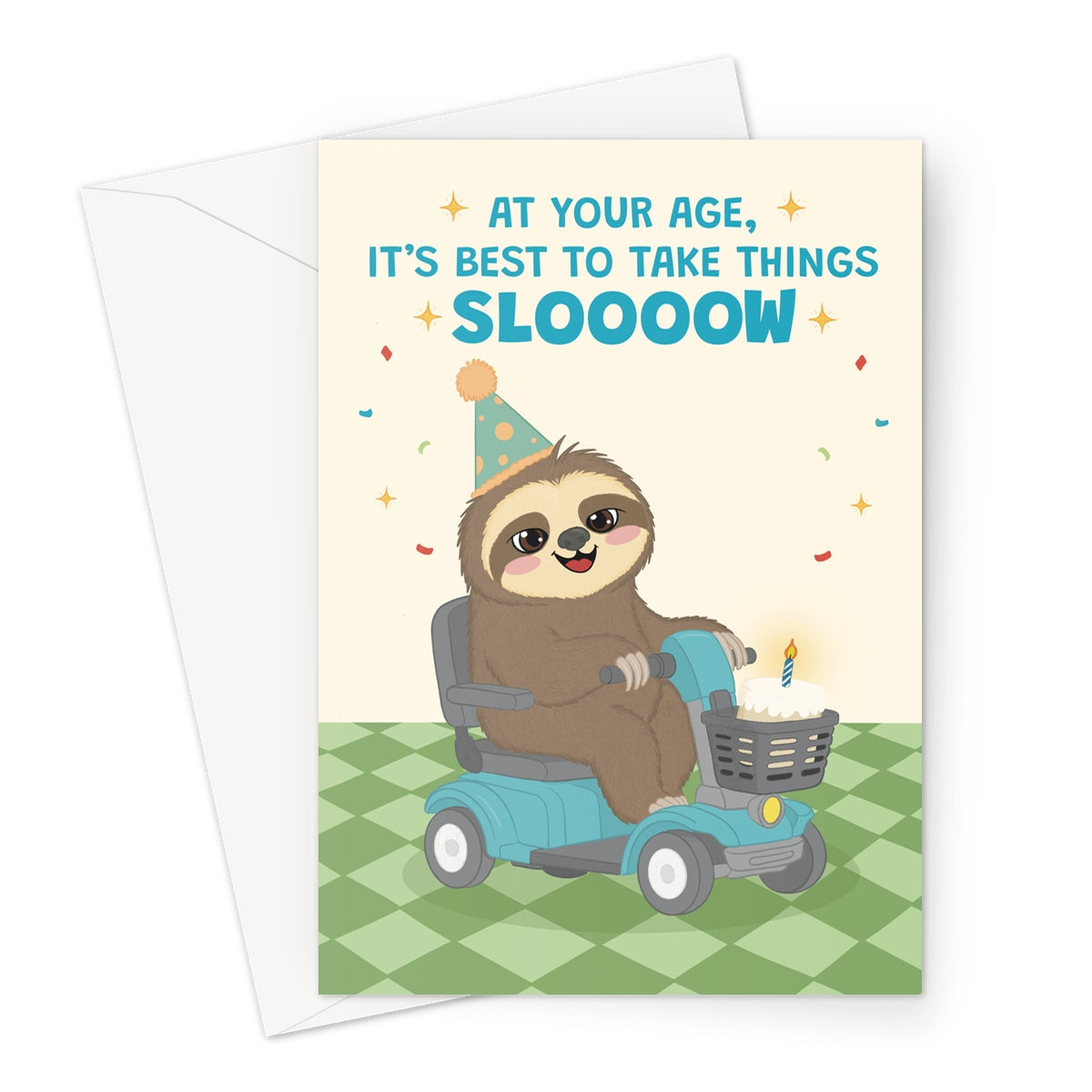 funny sloth birthday card riding mobility scooter with birthday cake and take things slow age joke