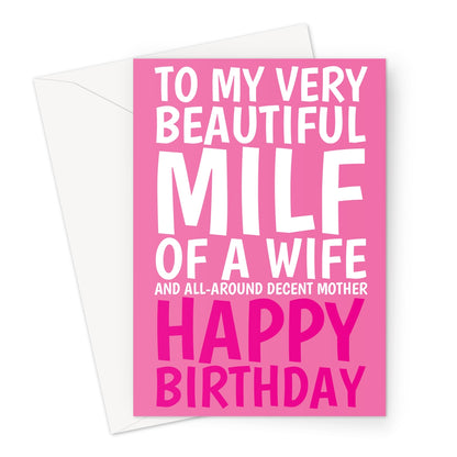 funny wife birthday card with pink typography and MILF of a wife birthday message