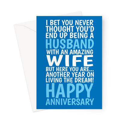 funny anniversary card for husband with blue typography and living the dream wife joke