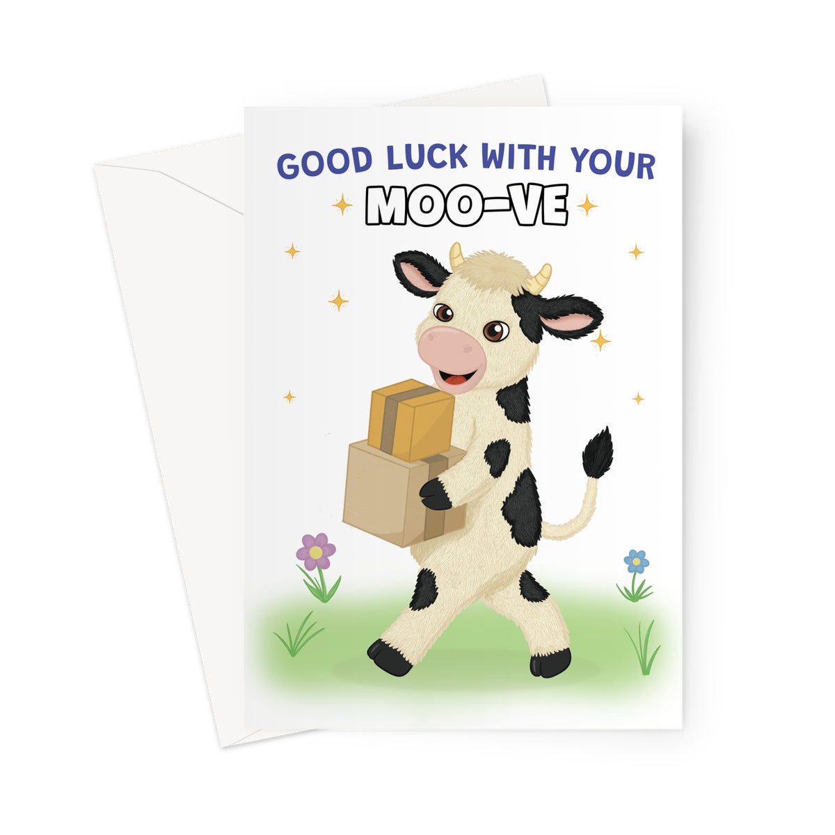 funny good luck moving house card with cow carrying boxes and good luck with your moo-ve message