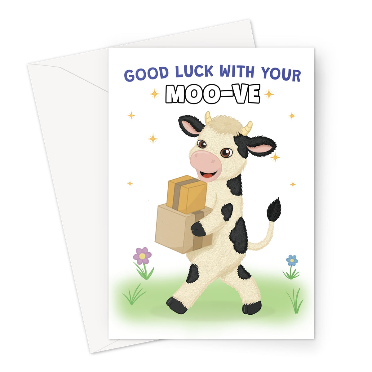 funny good luck moving house card with cow carrying boxes and good luck with your moo-ve message