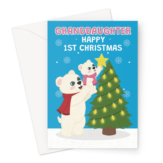 granddaughter 1st Christmas card with cute polar bears decorating a Christmas tree