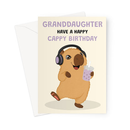 cute granddaughter capybara birthday card with purple headphones bubble tea and happy cappy birthday message