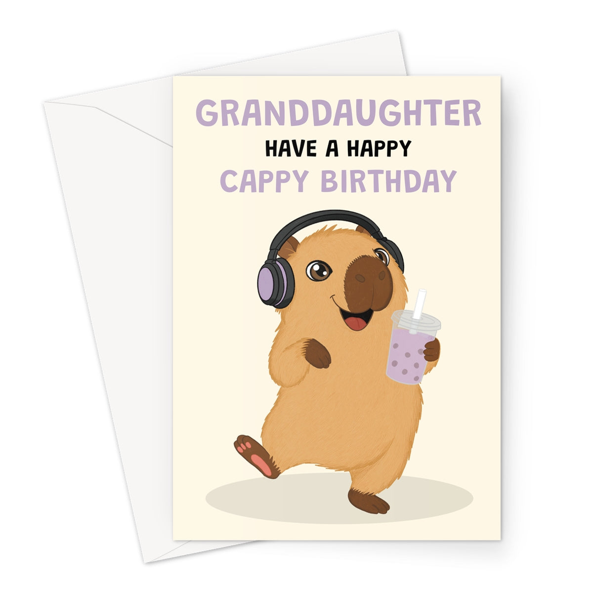 cute granddaughter capybara birthday card with purple headphones bubble tea and happy cappy birthday message