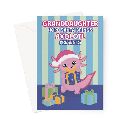 granddaughter Christmas card with cute pink axolotl wearing Santa hat and holding presents