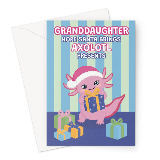 granddaughter Christmas card with cute pink axolotl wearing Santa hat and holding presents