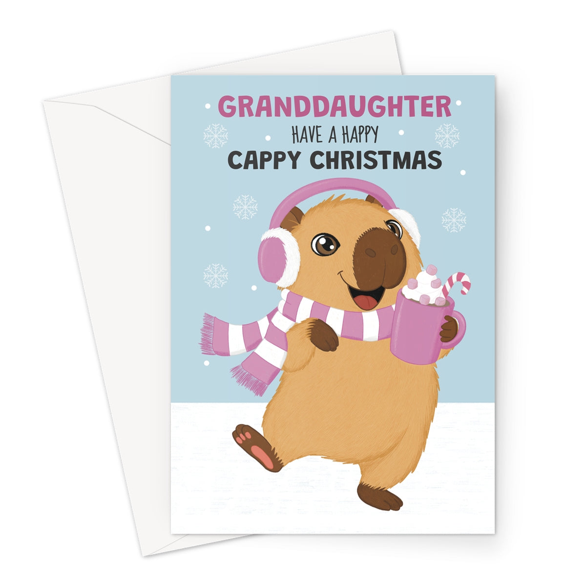 granddaughter Christmas card with cute capybara wearing pink earmuffs and scarf holding hot chocolate