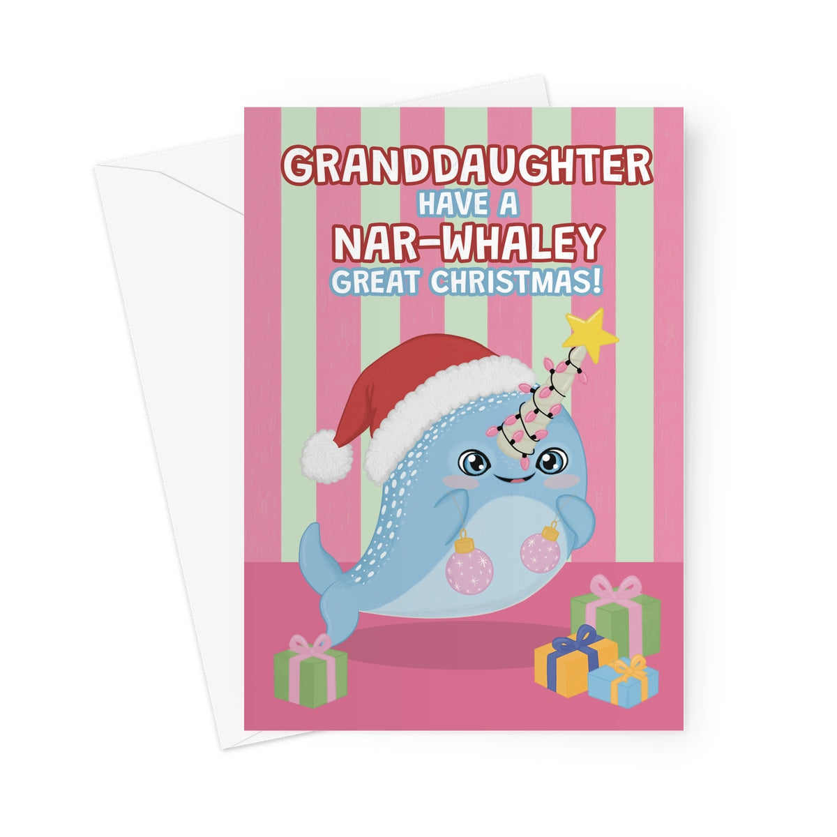 granddaughter Christmas card with cute narwhal wearing Santa hat and festive lights