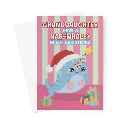 granddaughter Christmas card with cute narwhal wearing Santa hat and festive lights
