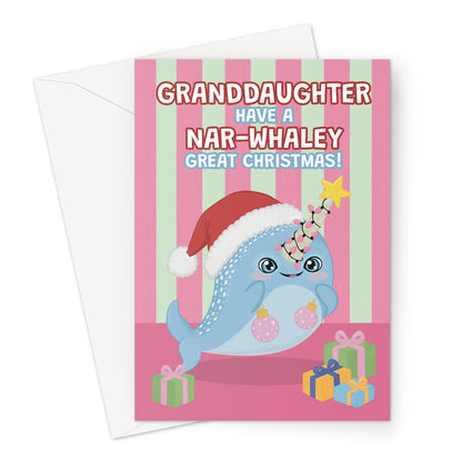 granddaughter Christmas card with cute narwhal wearing Santa hat and festive lights