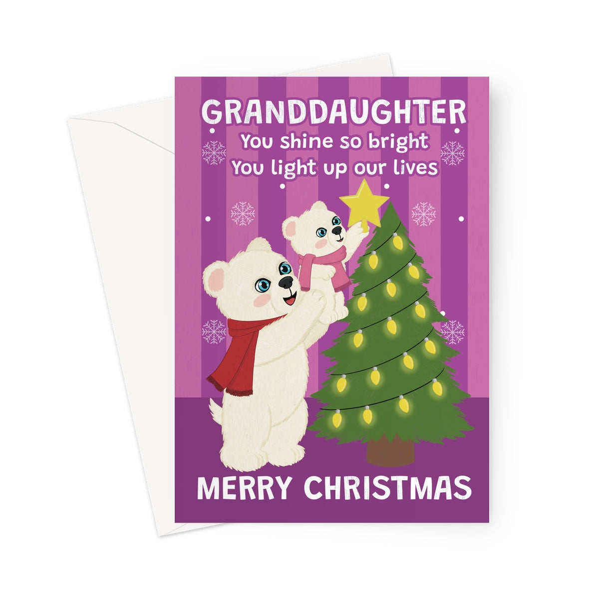 granddaughter Christmas card with cute polar bears decorating Christmas tree and light up our lives message