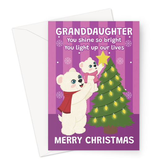 granddaughter Christmas card with cute polar bears decorating Christmas tree and light up our lives message