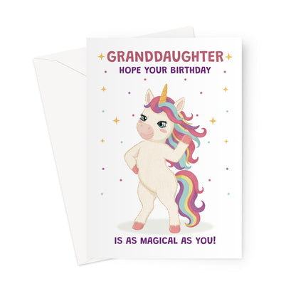 granddaughter unicorn birthday card with rainbow mane stars and hope your birthday is as magical as you message