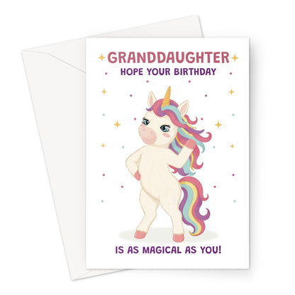 granddaughter unicorn birthday card with rainbow mane stars and hope your birthday is as magical as you message