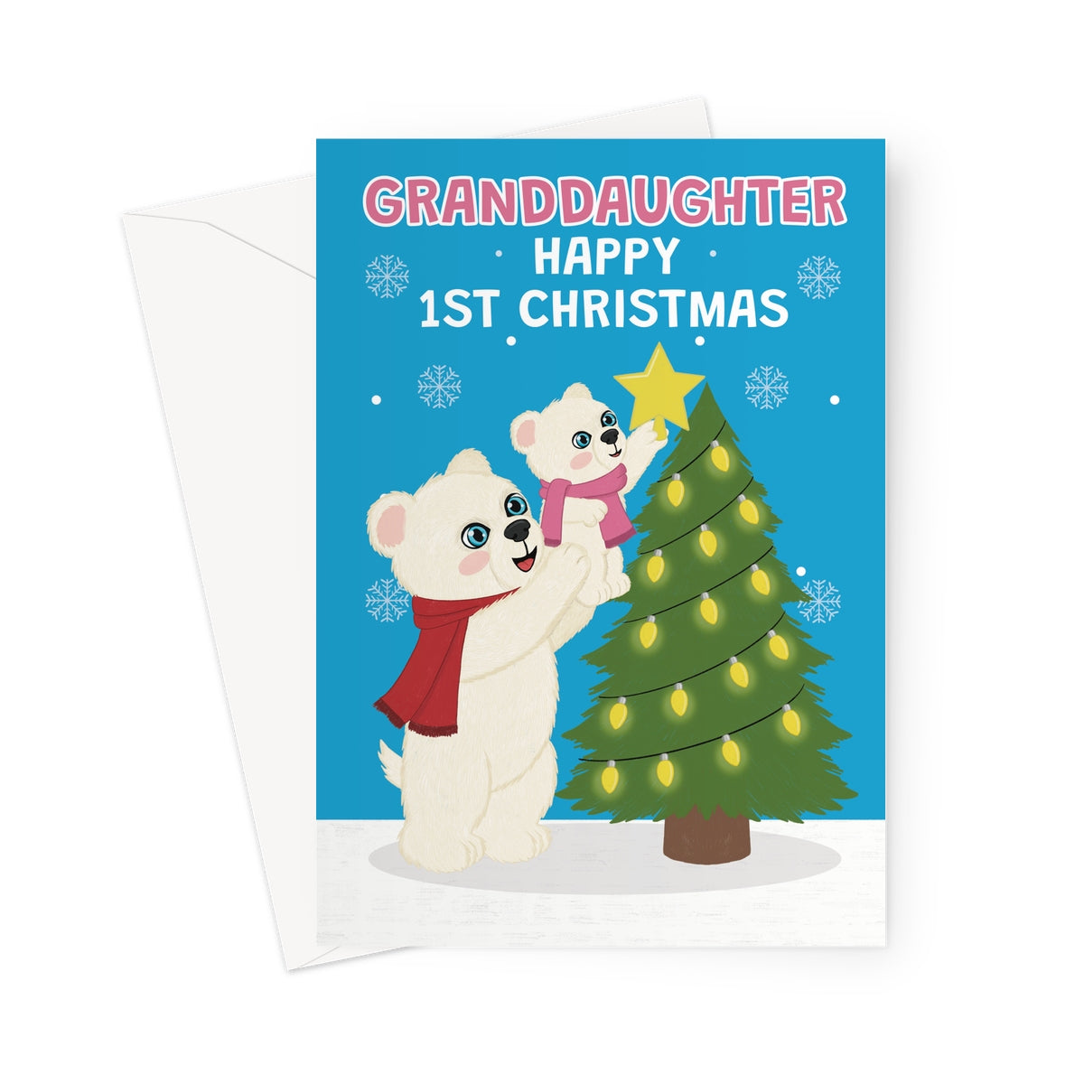 granddaughter 1st Christmas card with cute polar bears decorating a Christmas tree