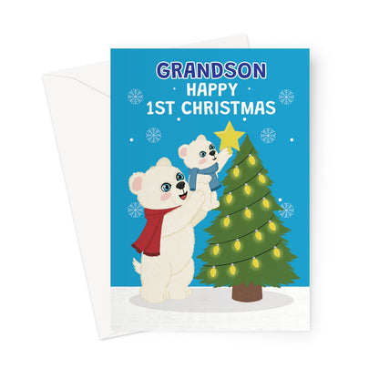 grandson 1st Christmas card with cute polar bears decorating a Christmas tree
