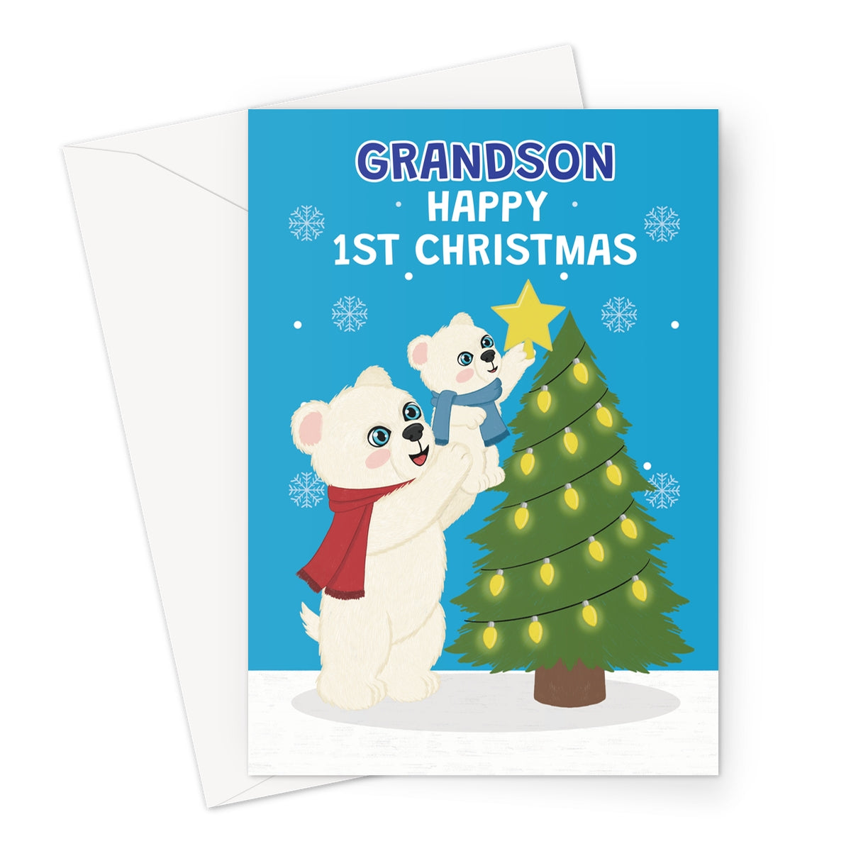 grandson 1st Christmas card with cute polar bears decorating a Christmas tree