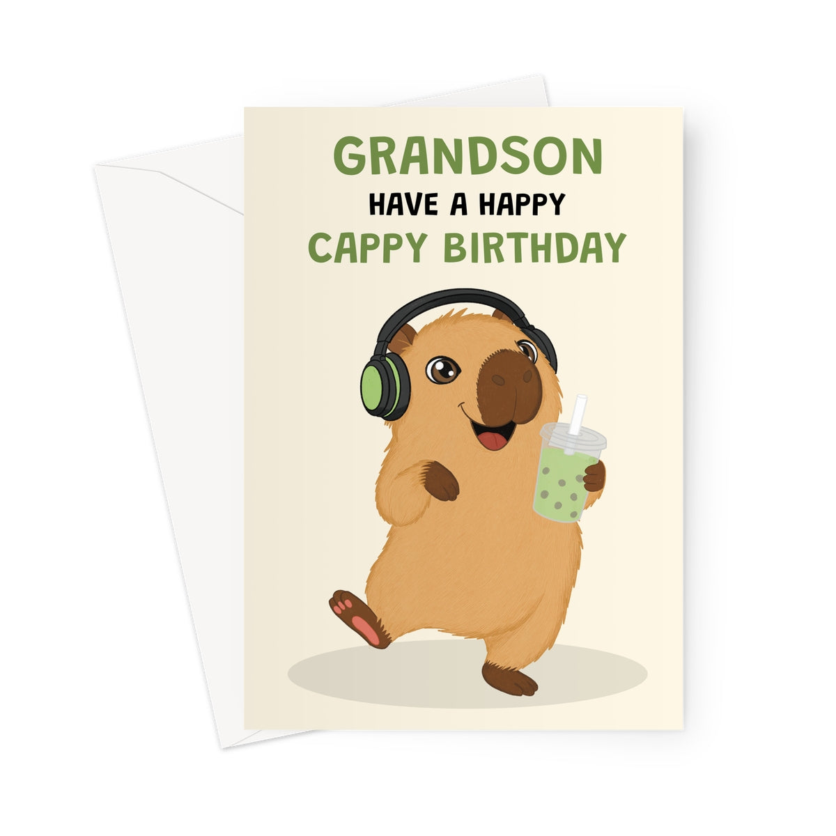 cute grandson capybara birthday card with green headphones bubble tea and happy cappy birthday message
