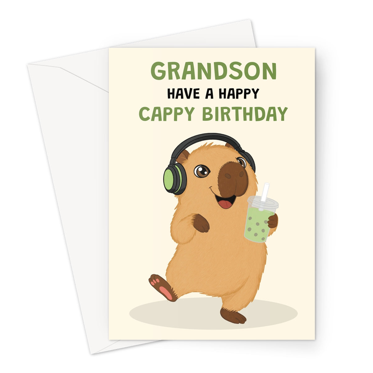cute grandson capybara birthday card with green headphones bubble tea and happy cappy birthday message