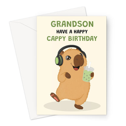 cute grandson capybara birthday card with green headphones bubble tea and happy cappy birthday message