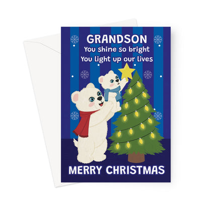 grandson Christmas card with cute polar bears decorating Christmas tree and light up our lives message