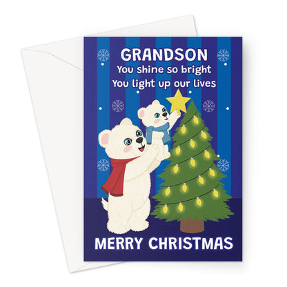grandson Christmas card with cute polar bears decorating Christmas tree and light up our lives message